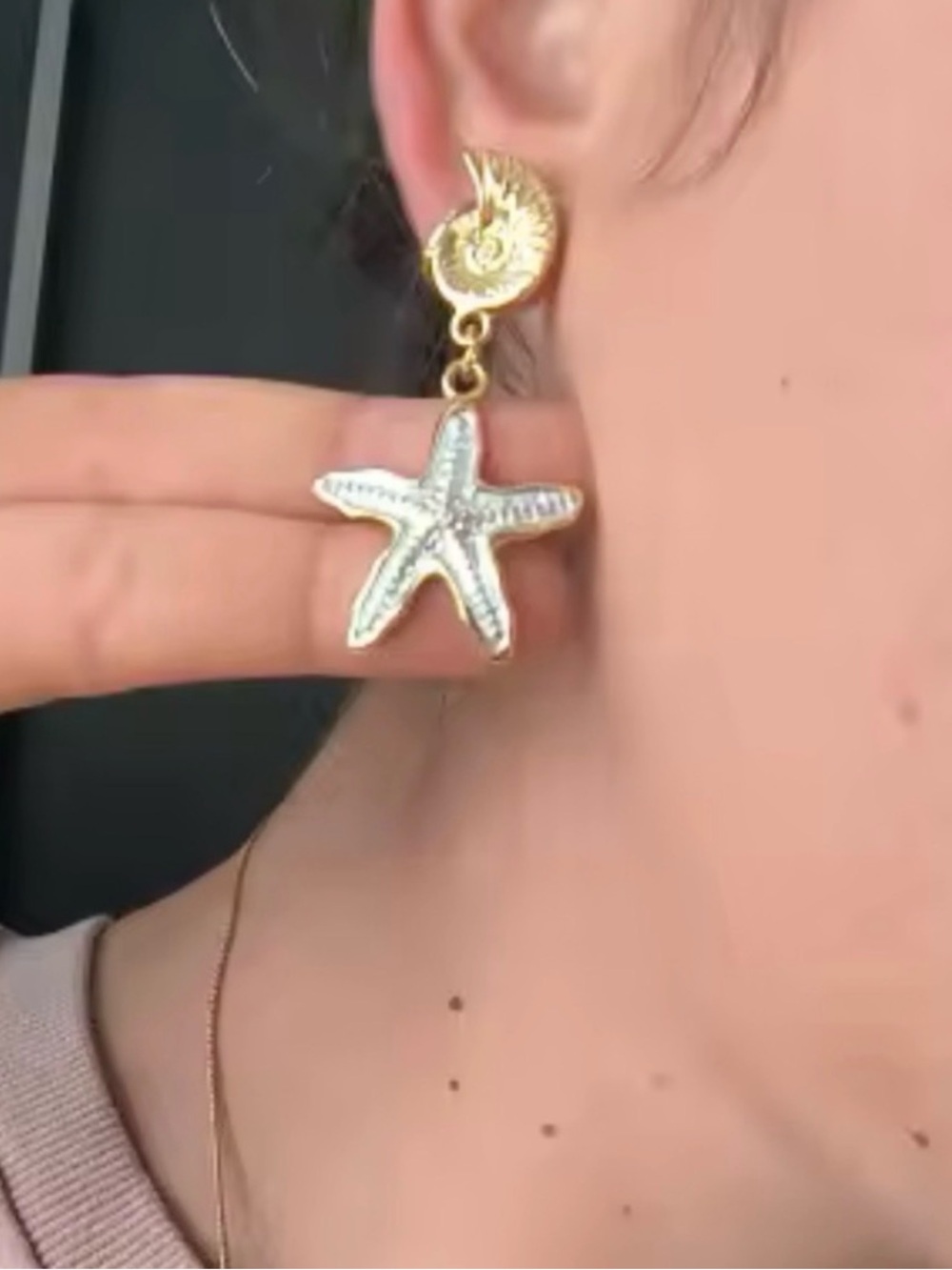 Gold and White Starfish Drop Earrings - Women's Jewelry - Picture 2 of 4